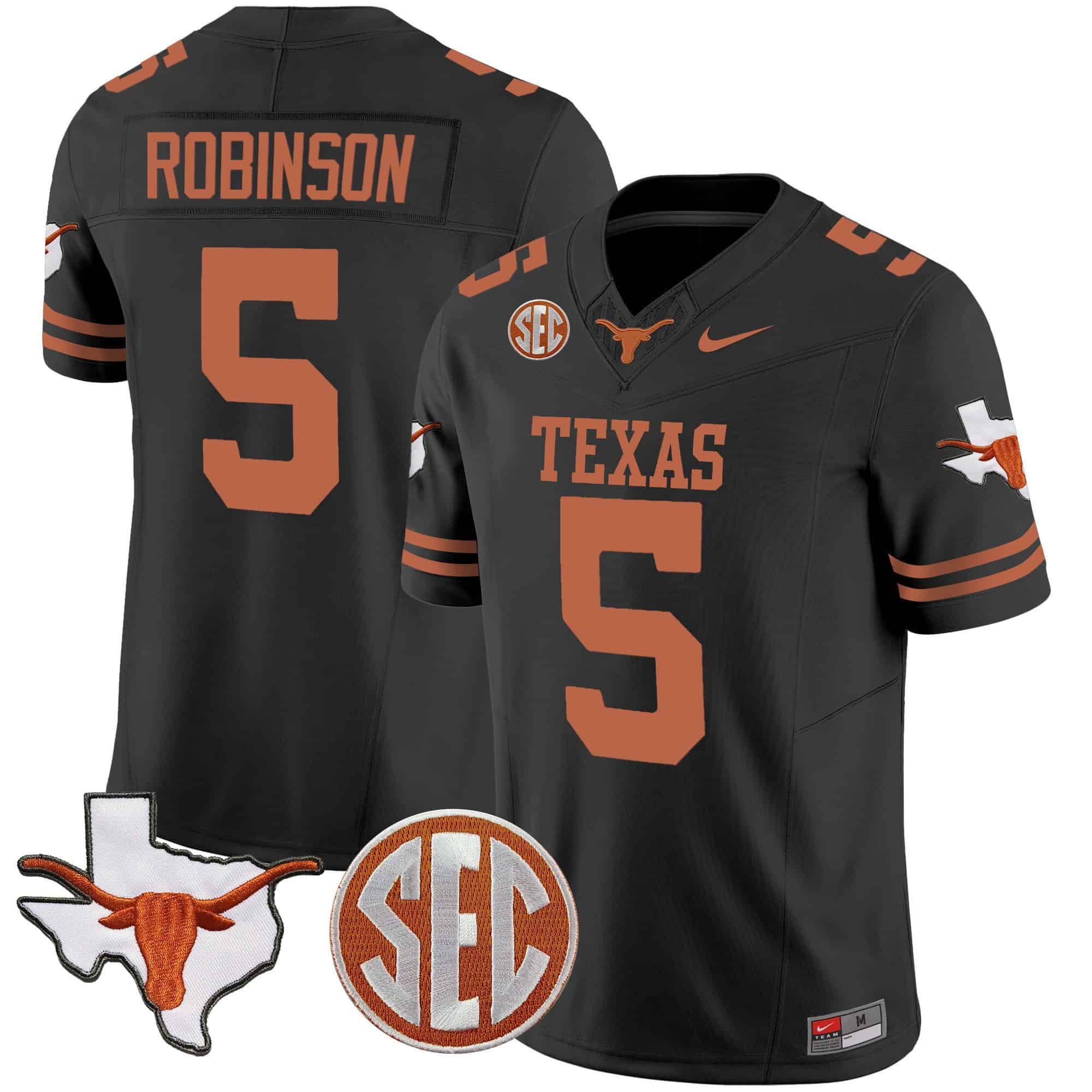 Men Texas Longhorns #5 Robinson Black 2024 Nike State Map & SEC Patch Vapor NCAA Jersey style 1->indianapolis colts->NFL Jersey